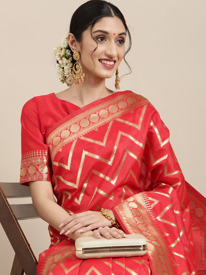 Women's Silk Blend Red Woven Design Celebrity Saree With Blouse Piece