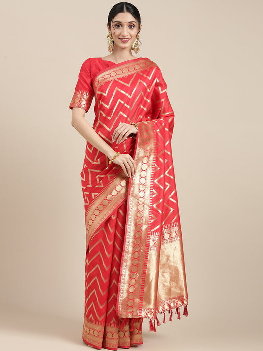 Women's Silk Blend Red Woven Design Celebrity Saree With Blouse Piece