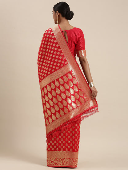 Women's Silk Blend Red Woven Design Woven saree With Blouse Piece