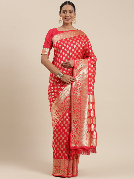 Women's Silk Blend Red Woven Design Woven saree With Blouse Piece