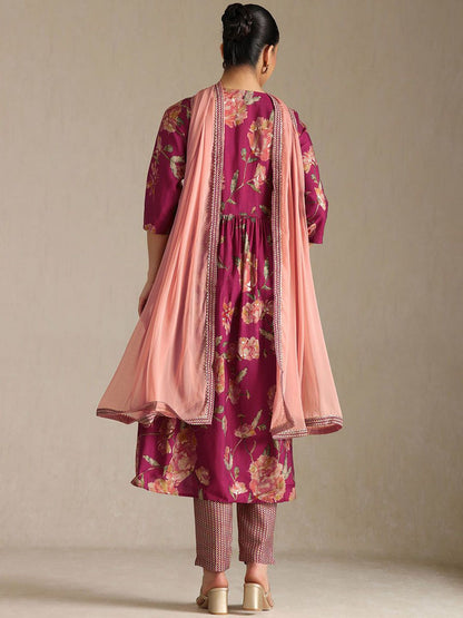 Dhiyona SO Women's Women Printed Sequinned Detail Kurta with Trousers & With Dupatta