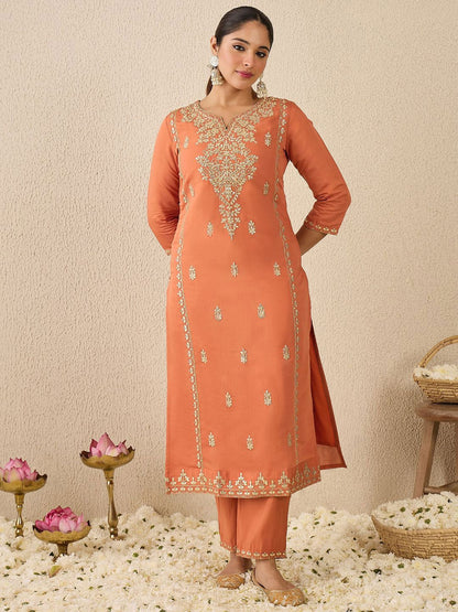 Dhiyona IE Women's Ethnic Motifs Embroidered Thread Work Straight Kurta With Trousers & Dupatta