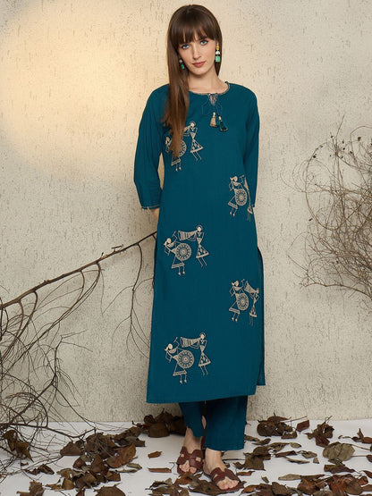 Dhiyona IE Women Embroidered Round Neck Cotton Top and Trousers Co-Ords