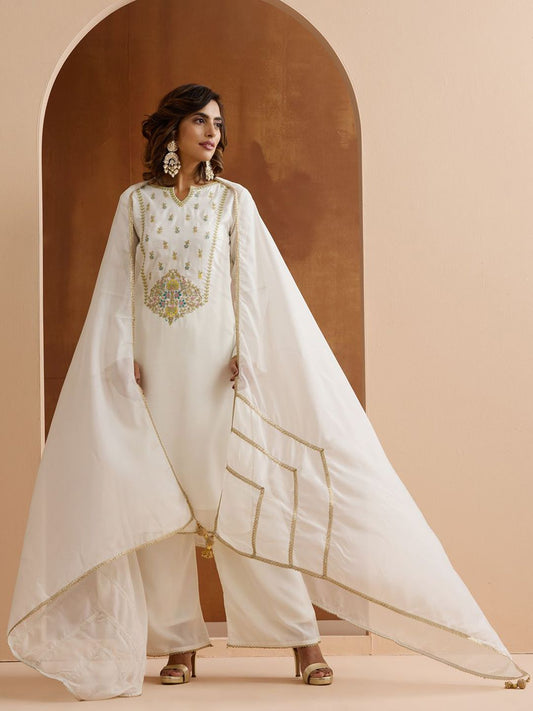 Dhiyona IS Women's Floral Embroidered Yoke Design Notch Neck Sequinned Kurta With Palazzos And Dupatta