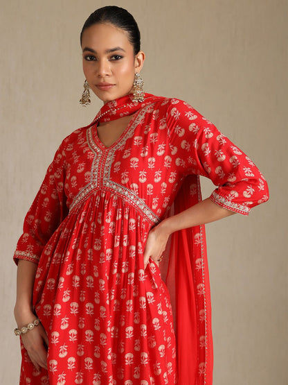Dhiyona SO Women's Women Ethnic Motifs Printed V-Neck Empire Kurta with Trousers & Dupatta