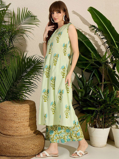 Dhiyona IE Printed Round Neck A-Line Pure Cotton Kurta With Pants