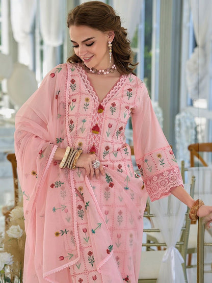 Women Floral Embroidered Regular Thread Work Pure Cotton Kurta with Trousers & With Dupatta