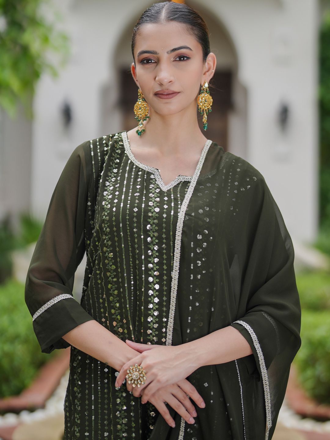 Dhiyona IE Ethnic Motifs Embroidered Sequinned Kurta With Sharara & Dupatta