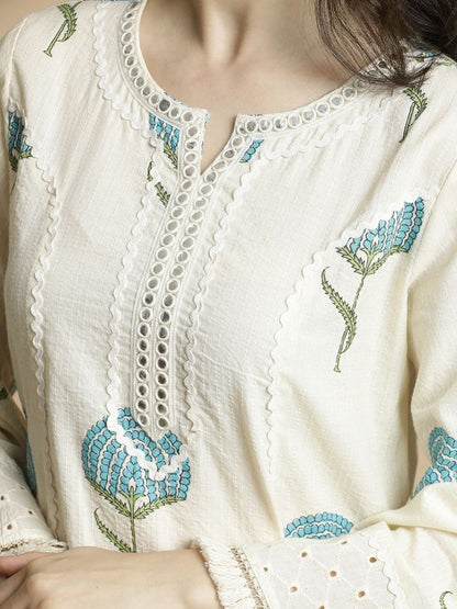 Women's White & Blue Floral Printed Notch Neck Thread Work Cotton A-Line Kurta & Trouser