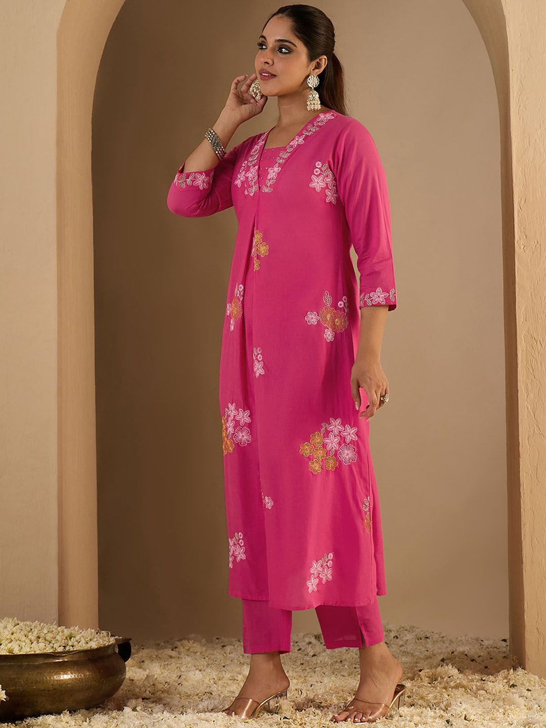 Dhiyona IE Women's Women Floral Printed Pure Cotton A-Line Kurta with Palazzos