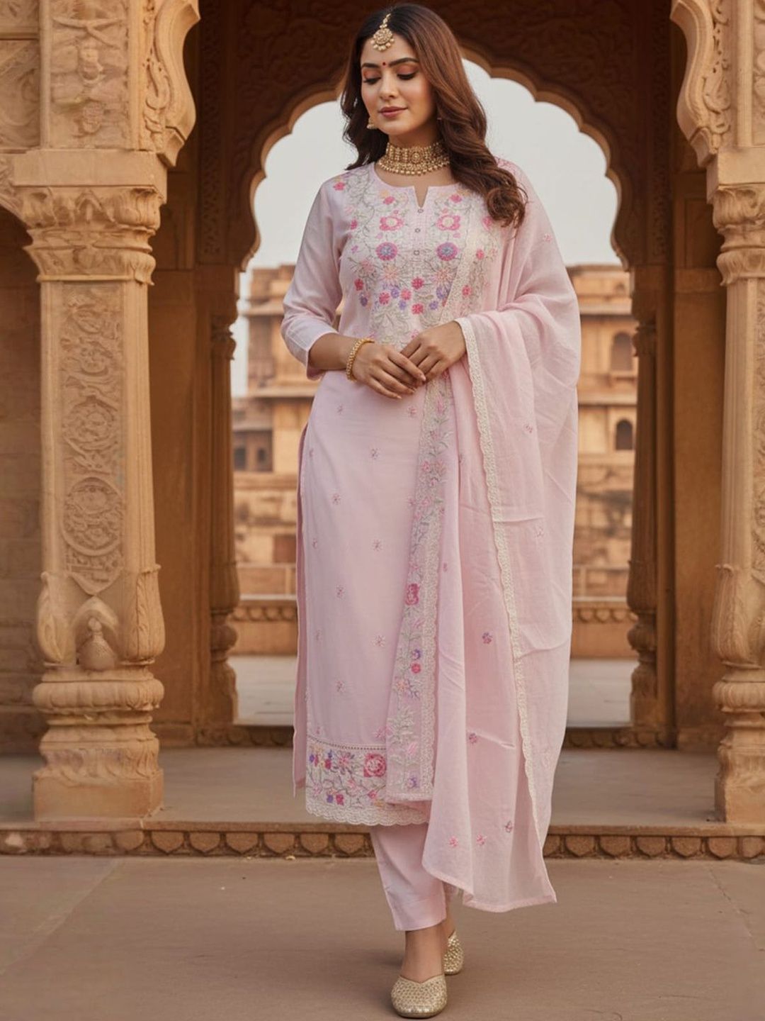 Women Pure Cotton Floral Embroidered Kurta Set With Trousers & Dupatta