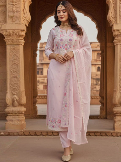 Women Pure Cotton Floral Embroidered Kurta Set With Trousers & Dupatta