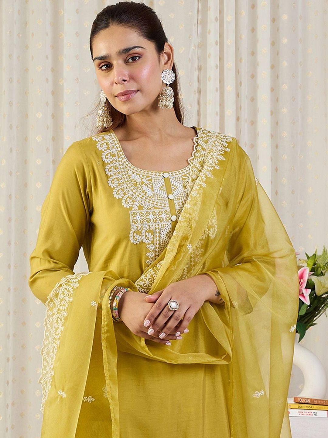 Women Ethnic Motifs Embroidered Regular Kurta with Trousers & With Dupatta