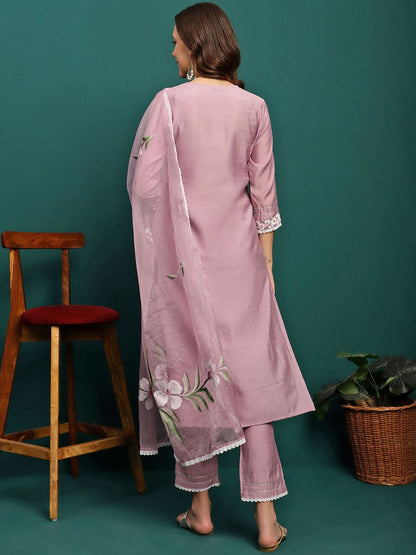 Dhiyona SN Women's Mauve Floral Embroidered Round Neck Mirror Work Kurta With Trouser & Dupatta