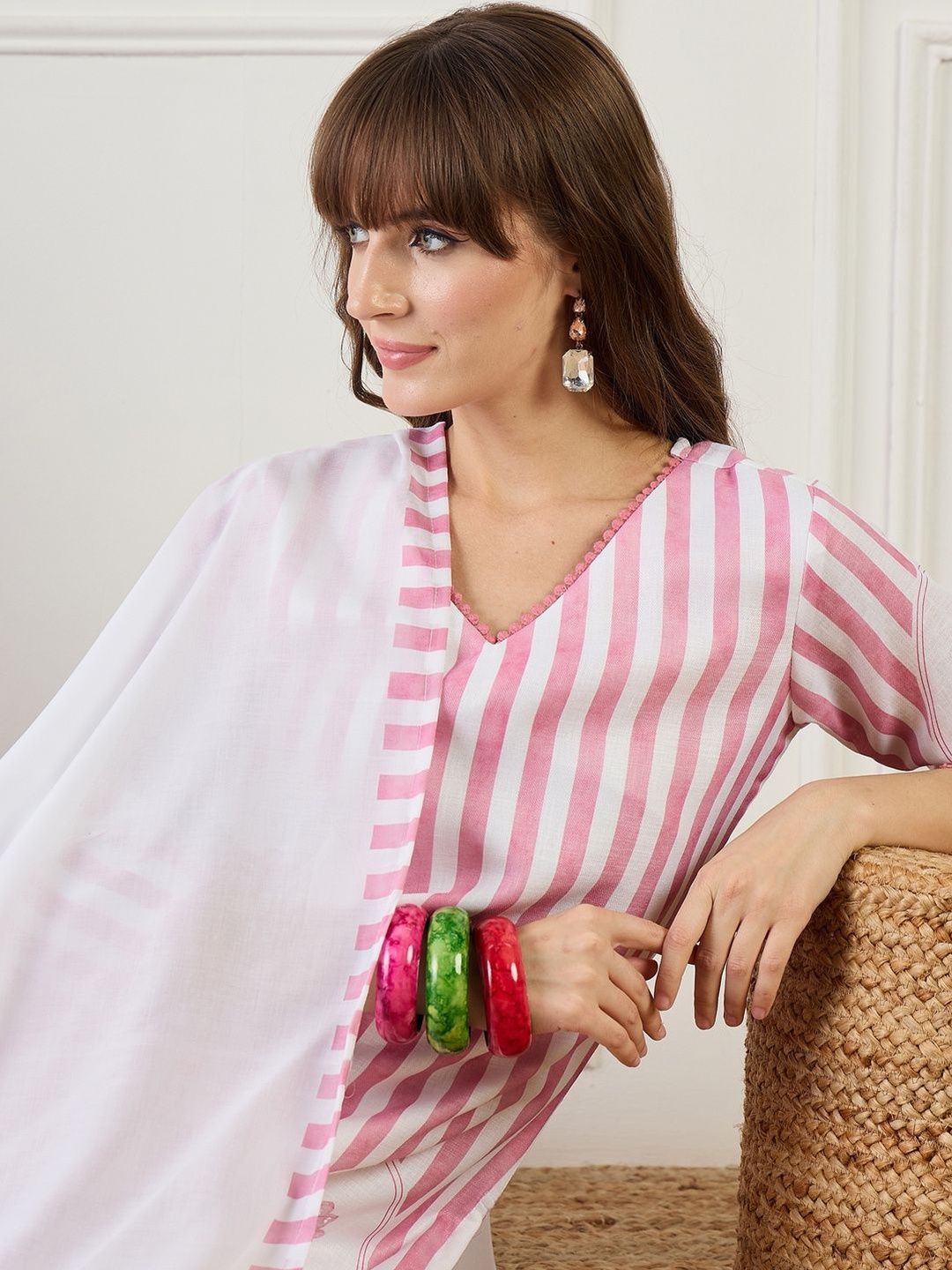 Women Striped Regular Linen Kurta with Trousers & With Dupatta