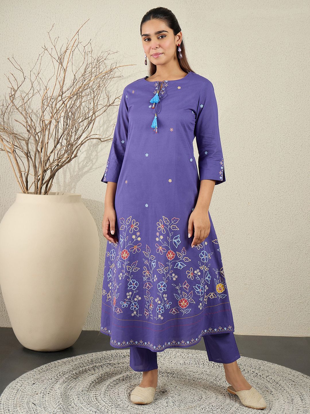 Women Floral Printed Cotton Kurta with Trousers & Dupatta