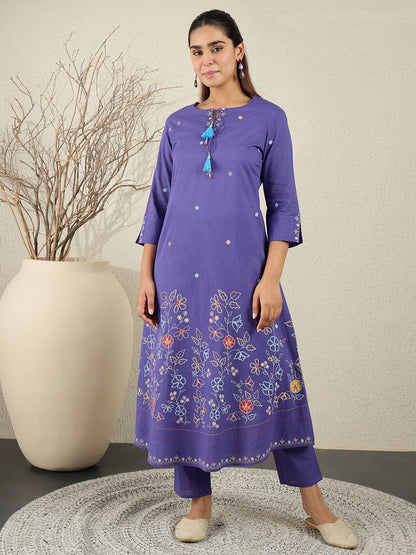 Women Floral Printed Cotton Kurta with Trousers & Dupatta