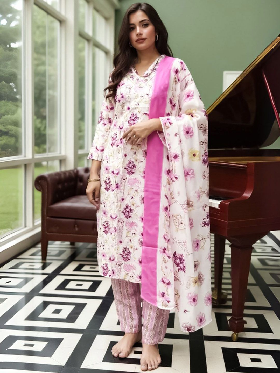 Floral Printed Pure Cotton Straight Kurta With Trousers & Dupatta