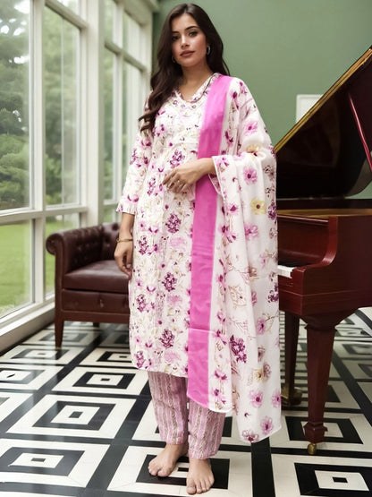 Floral Printed Pure Cotton Straight Kurta With Trousers & Dupatta