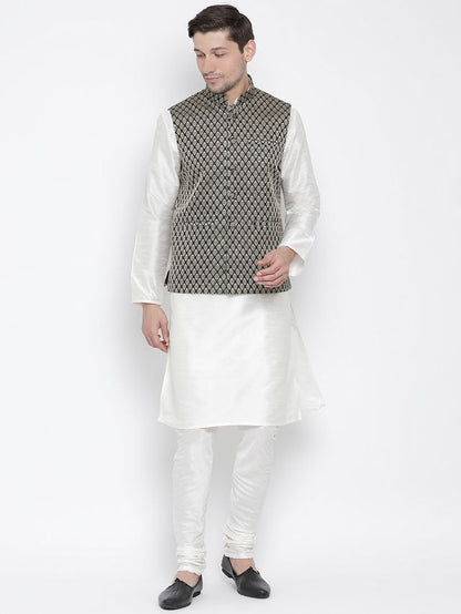 Men's Cream Silk Blend Straight Jacket  Kurta and Pyjama Set