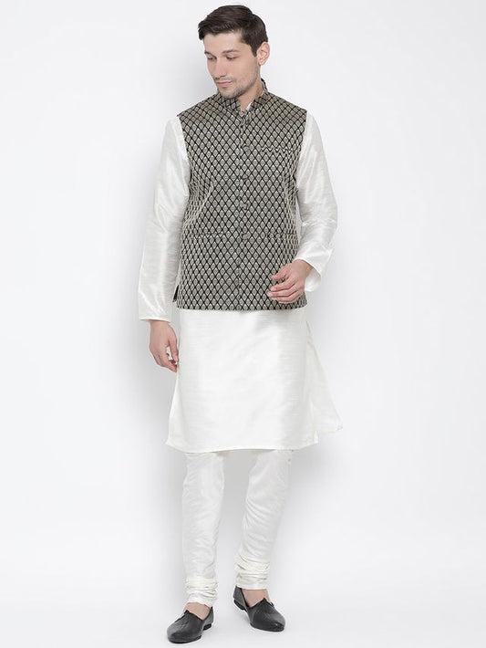 Men's Cream Silk Blend Straight Jacket  Kurta and Pyjama Set
