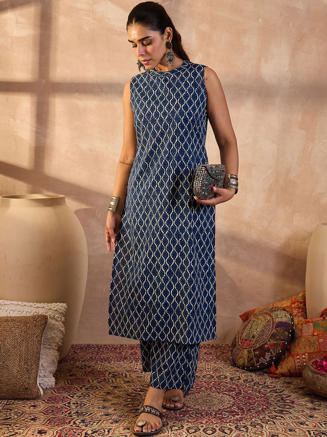 Dhiyona IE Printed Pure Cotton Round Neck Tunic With Trousers Co-Ords