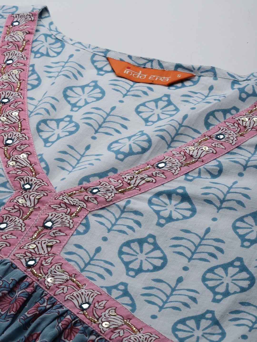 Women Ethnic Motifs Printed Empire Mirror Work Pure Cotton Kurta with Trousers & With Dupatta