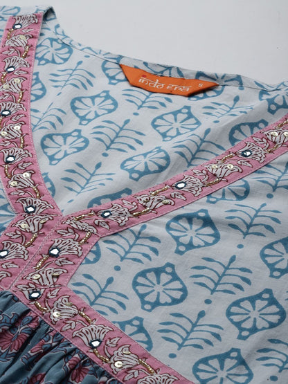 Women Ethnic Motifs Printed Empire Mirror Work Pure Cotton Kurta with Trousers & With Dupatta