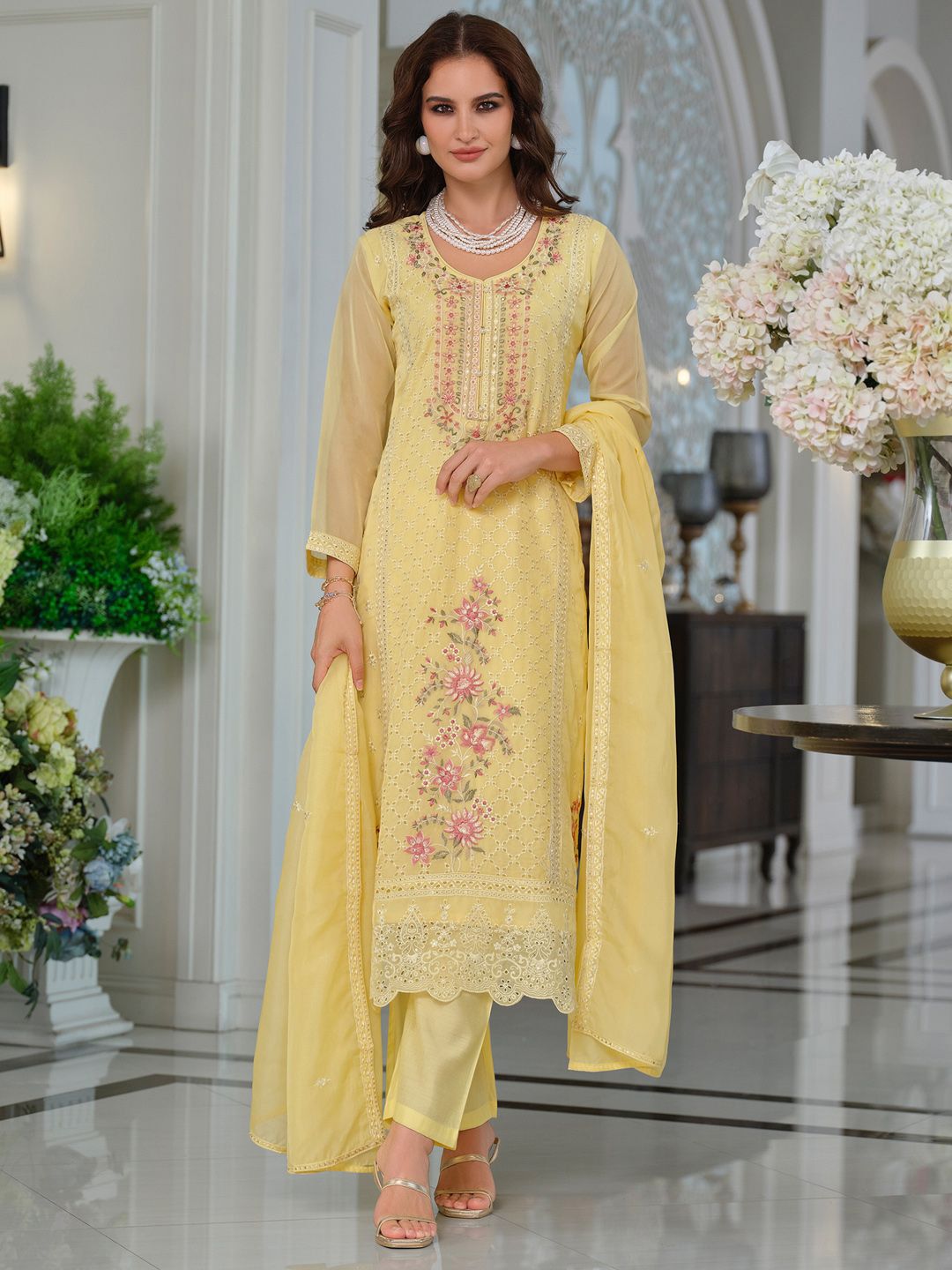Adults-Women Woven Design Embroidered Kurta with Trousers & Dupatta