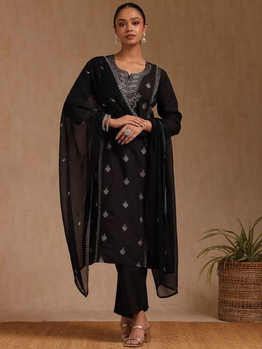 Dhiyona SO Women's Floral Embroidered Notch Neck Sequinned Straight Kurta With Trousers & Dupatta
