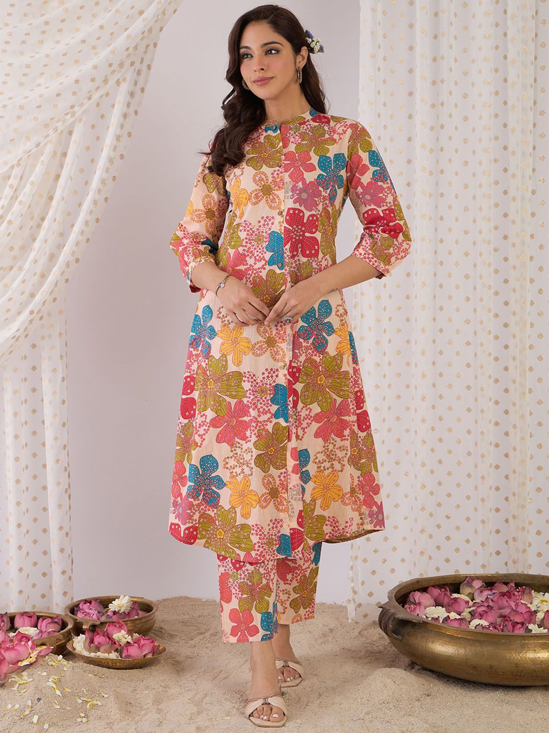 Dhiyona IE Floral Printed Mandarin Collar Pure Cotton A-Line Tunic With Trouser