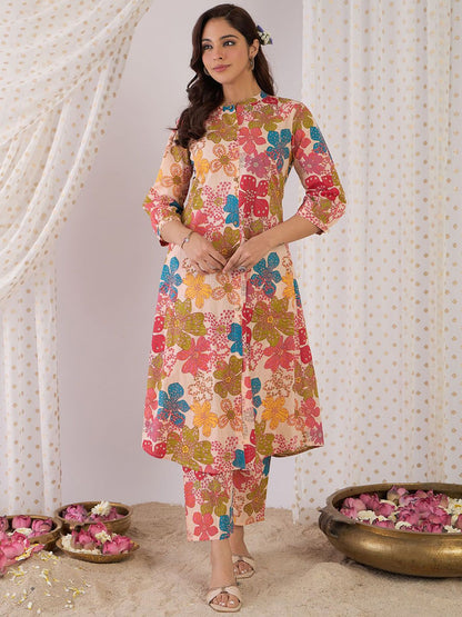 Dhiyona IE Floral Printed Mandarin Collar Pure Cotton A-Line Tunic With Trouser