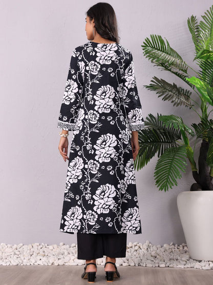 Dhiyona VA Women'sFloral Printed V-Neck Pure Cotton Kurta With Trousers