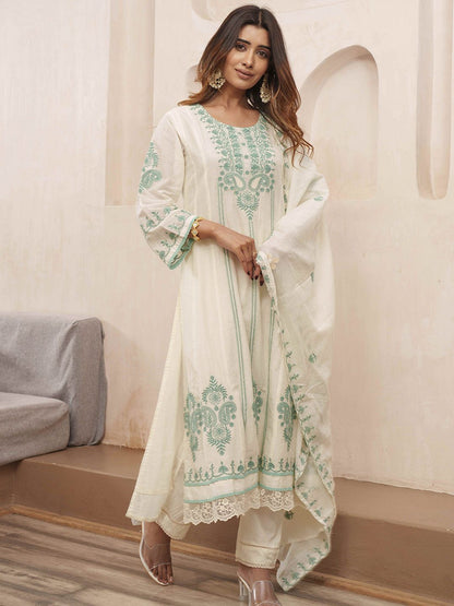 Dhiyona PD Women Floral Embroidered Pure Cotton Kurta & Trousers With Dupatta