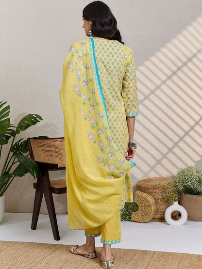 Floral Printed Notch Neck Pure Cotton Straight Kurta & Trousers With Dupatta