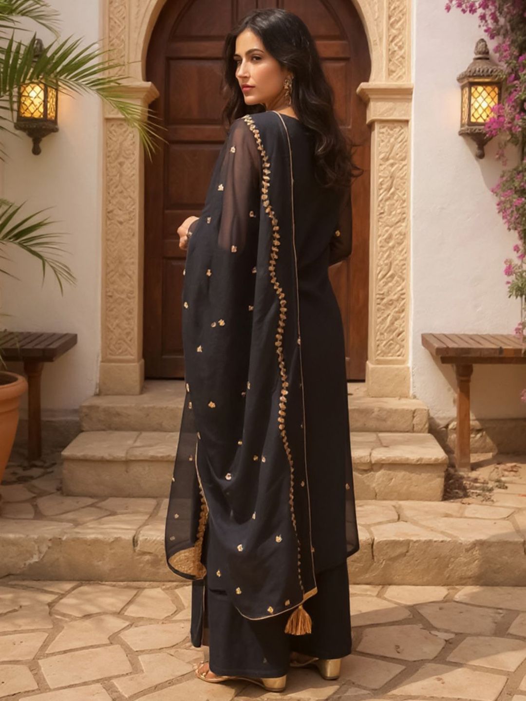 Women Embroidered Regular Sequinned Kurta with Palazzos & With Dupatta