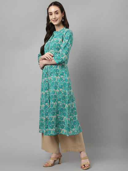 Women's Floral Printed Teal Green Cotton A-Line Kurta