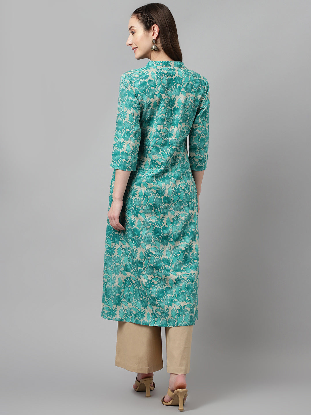Women's Floral Printed Teal Green Cotton A-Line Kurta