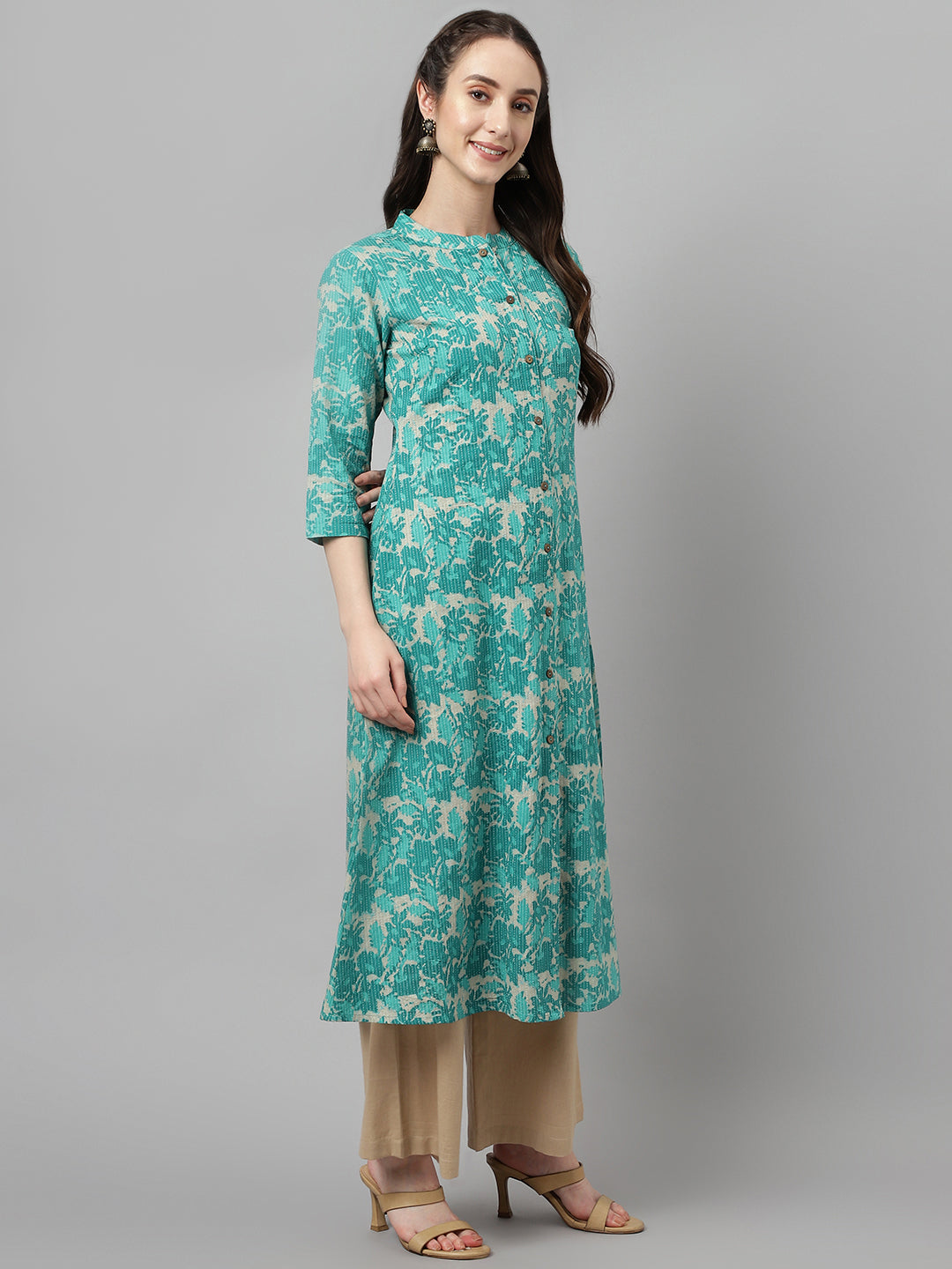 Women's Floral Printed Teal Green Cotton A-Line Kurta