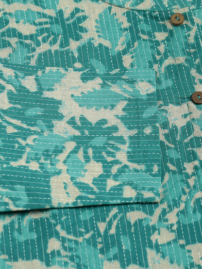 Women's Floral Printed Teal Green Cotton A-Line Kurta