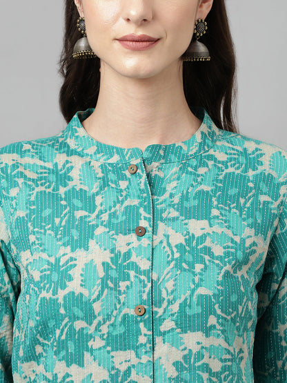 Women's Floral Printed Teal Green Cotton A-Line Kurta