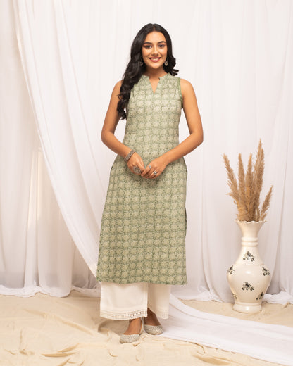 Women's Light Green Floral Printed Cotton Straight Kurta