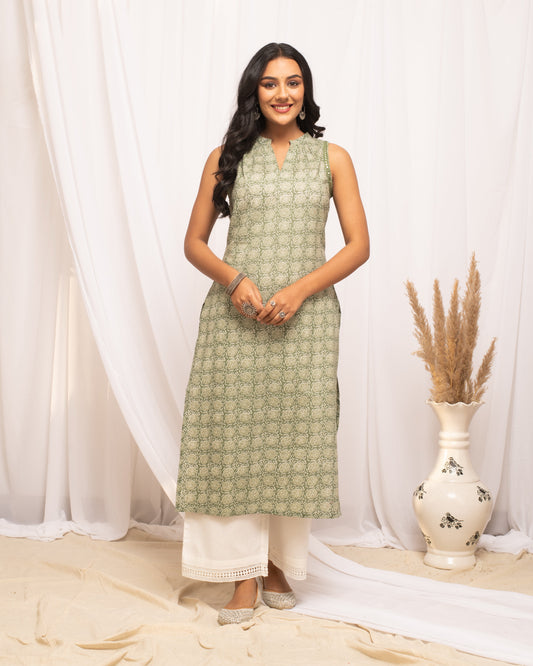 Women's Light Green Floral Printed Cotton Straight Kurta