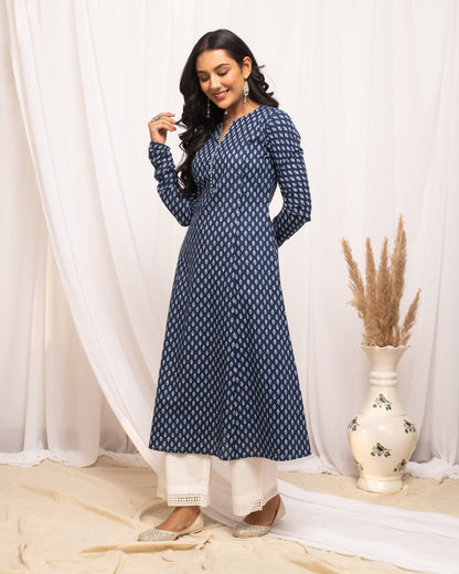 Women's Floral Printed Navy Blue Cotton A-Line Kurta