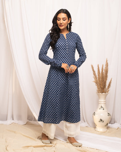 Women's Floral Printed Navy Blue Cotton A-Line Kurta