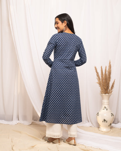 Women's Floral Printed Navy Blue Cotton A-Line Kurta