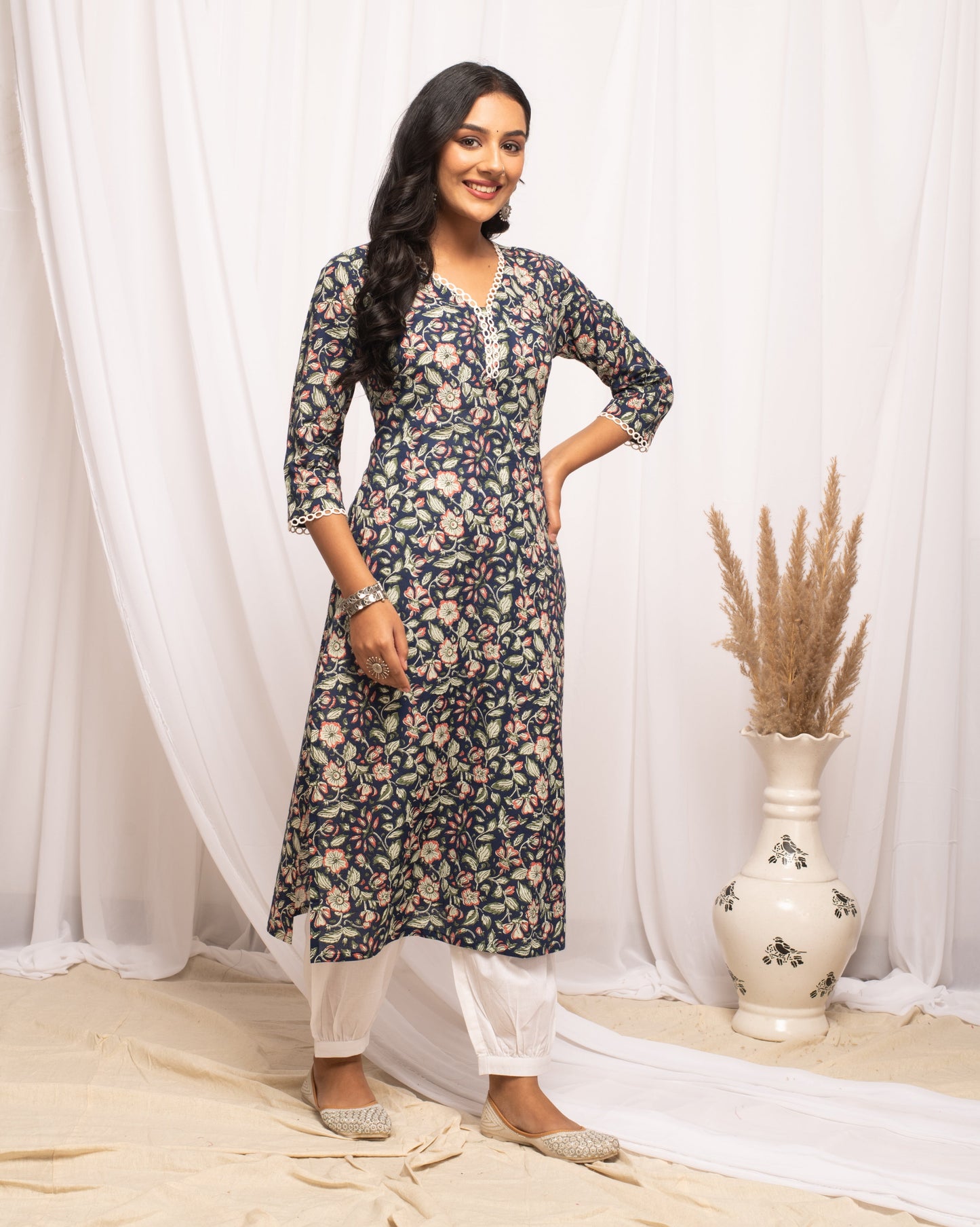 Women's Floral Printed Blue Cotton Straight Kurta