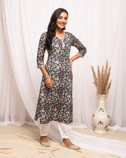 Women's Floral Printed Blue Cotton Straight Kurta