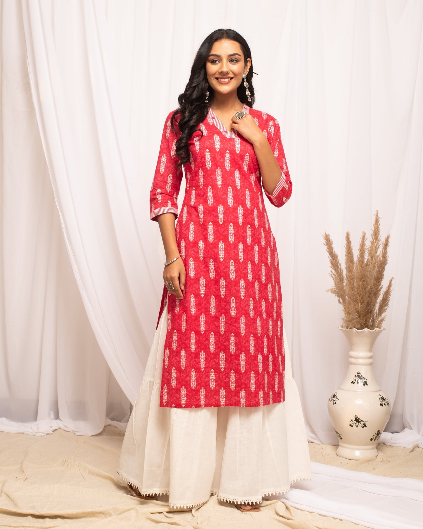 Women's Rani Pink Leaf Printed Cotton Straight Kurta