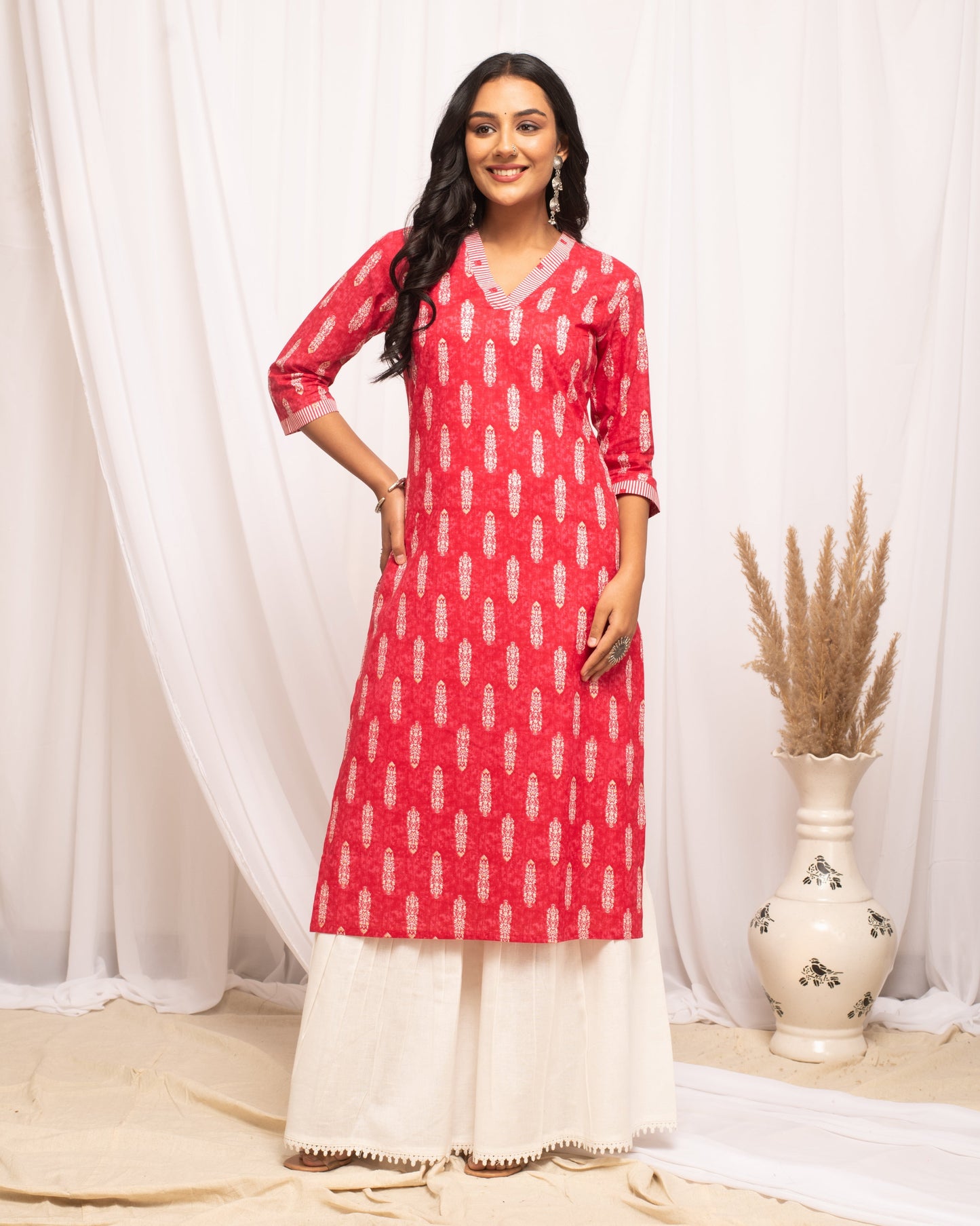 Women's Rani Pink Leaf Printed Cotton Straight Kurta